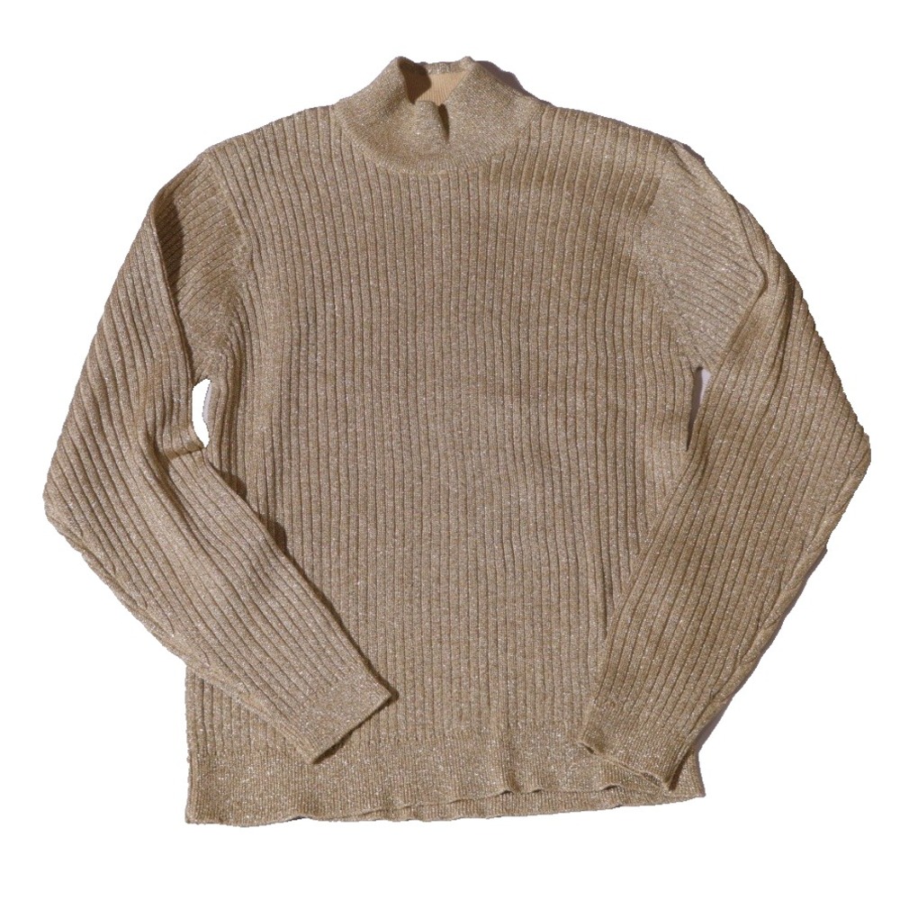 VTG 90s Metallic Gold Glitter Long Sleeve Pull Over Mock Neck‎ Futuristic Small